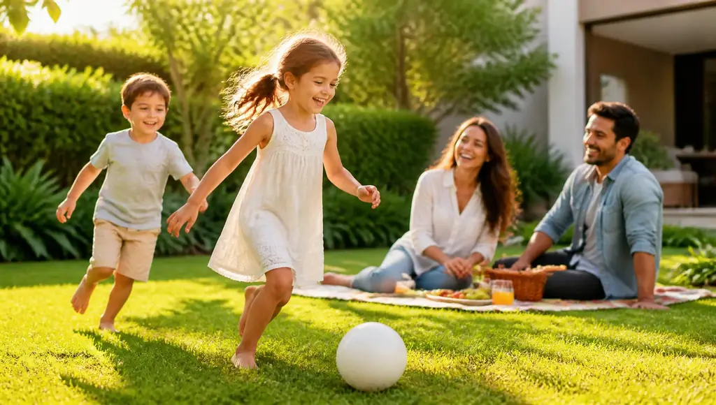 Family laughing and playing together on a lush green lawn during a sunny weekend